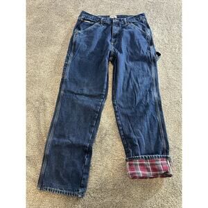 Men’s C.E. Schmidt Workwear Jeans Blue Denim Flannel Lined Blue Plaid 34 x 32